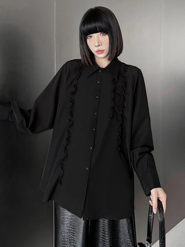 Hipster Long Sleeves Buttoned Falbala Ruffled Solid Color Split-Joint Lapel Blouses&Shirts Tops - Image 8