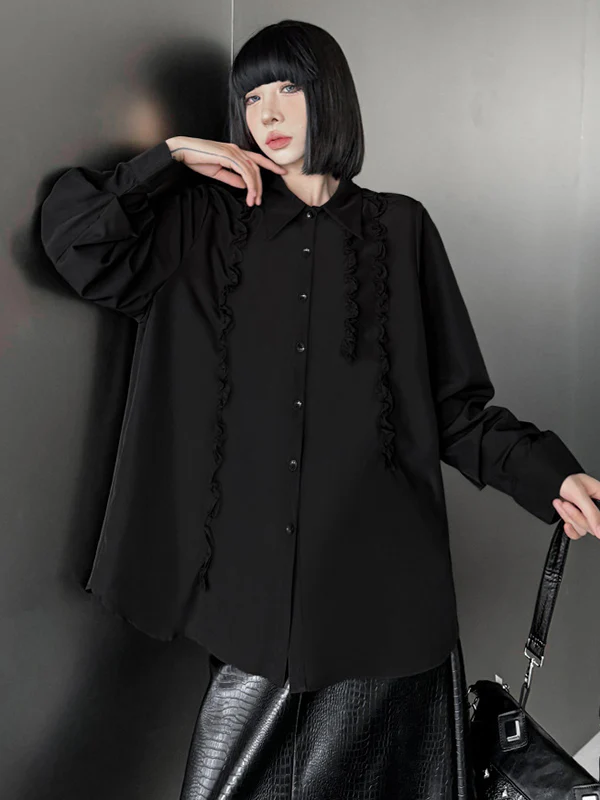 Hipster Long Sleeves Buttoned Falbala Ruffled Solid Color Split-Joint Lapel Blouses&Shirts Tops - Image 9