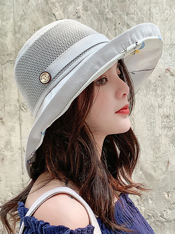 Hollow Lace-Up Printed Split-Joint Sun Hat - Image 3
