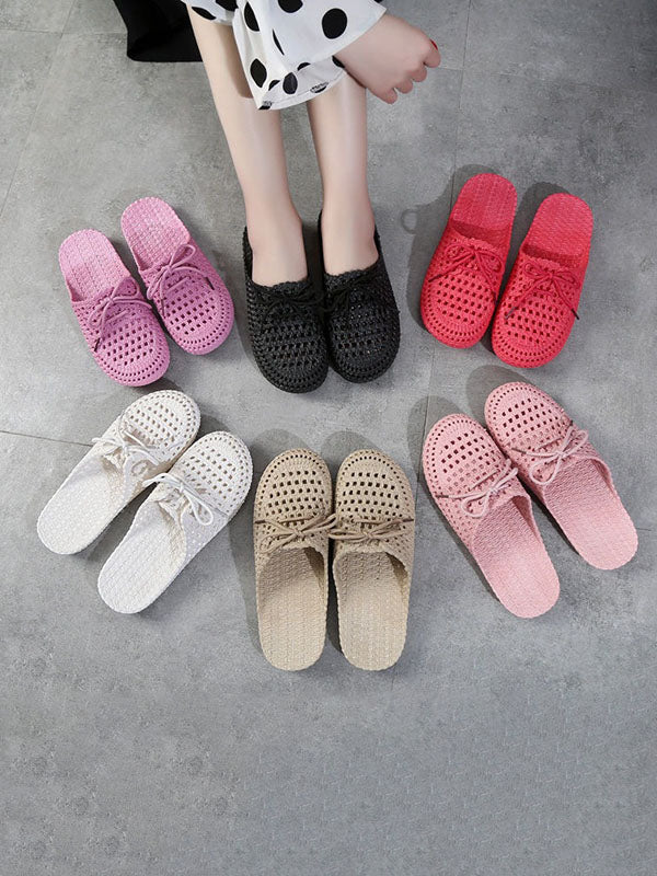 Hollow Lace-Up Round-Toe Mules&Slides Slippers - Image 2
