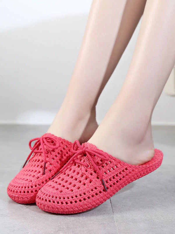 Hollow Lace-Up Round-Toe Mules&Slides Slippers - Image 3