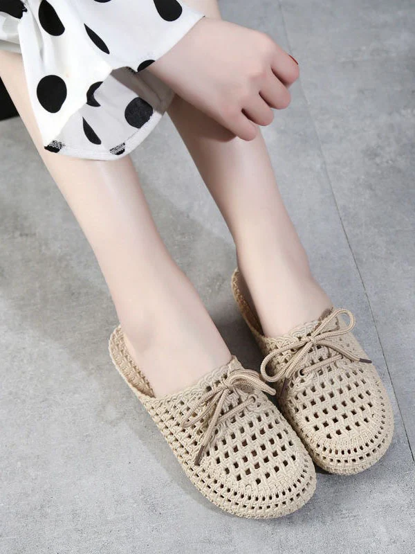 Hollow Lace-Up Round-Toe Mules&Slides Slippers - Image 4