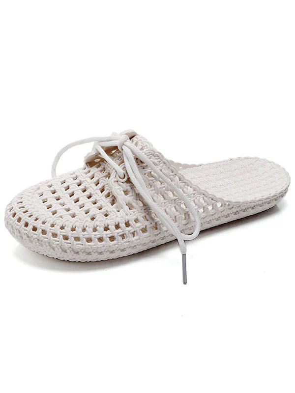 Hollow Lace-Up Round-Toe Mules&Slides Slippers - Image 6