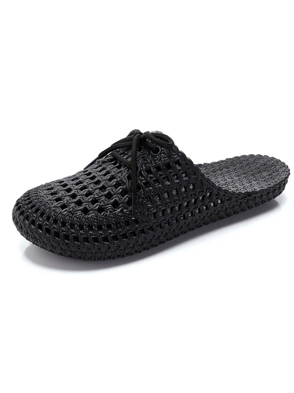 Hollow Lace-Up Round-Toe Mules&Slides Slippers - Image 7