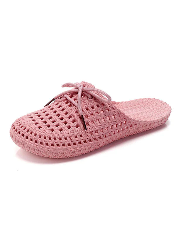 Hollow Lace-Up Round-Toe Mules&Slides Slippers - Image 9