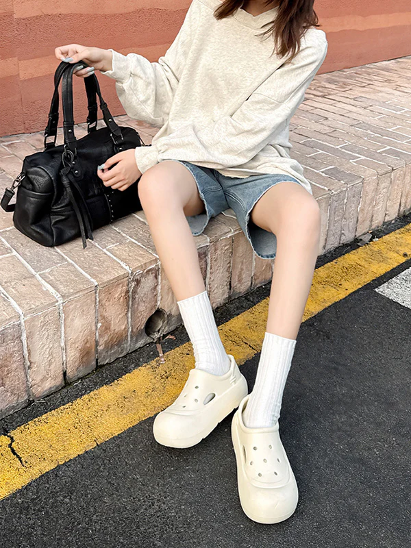 Hollow Round Cut Solid Color Crocs Platform Shoes Sandals - Image 11