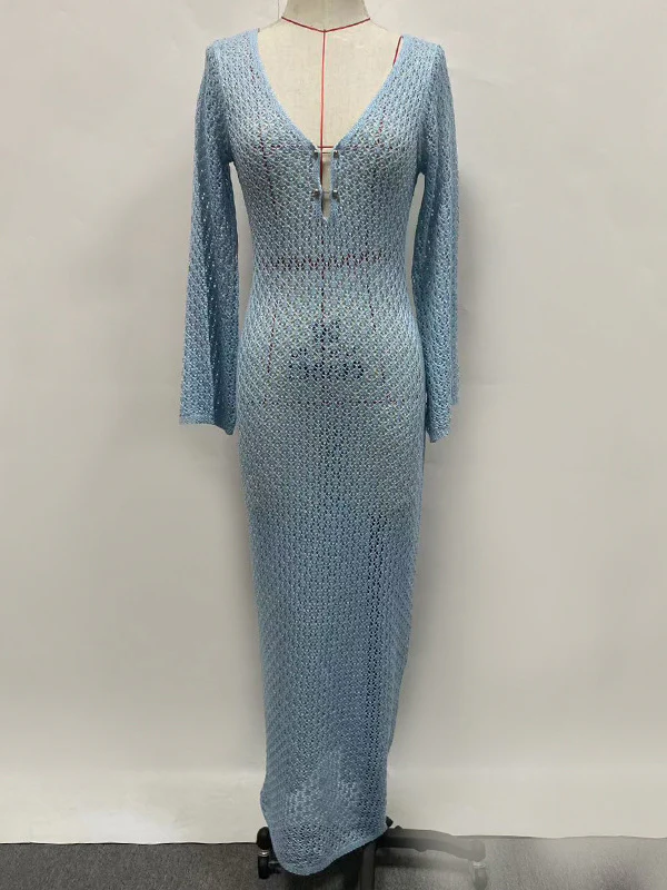 Hollow See-Through Smocked Solid Color Sun Protection Deep V-Neck Beach Cover-Up Maxi Dresses - Image 13