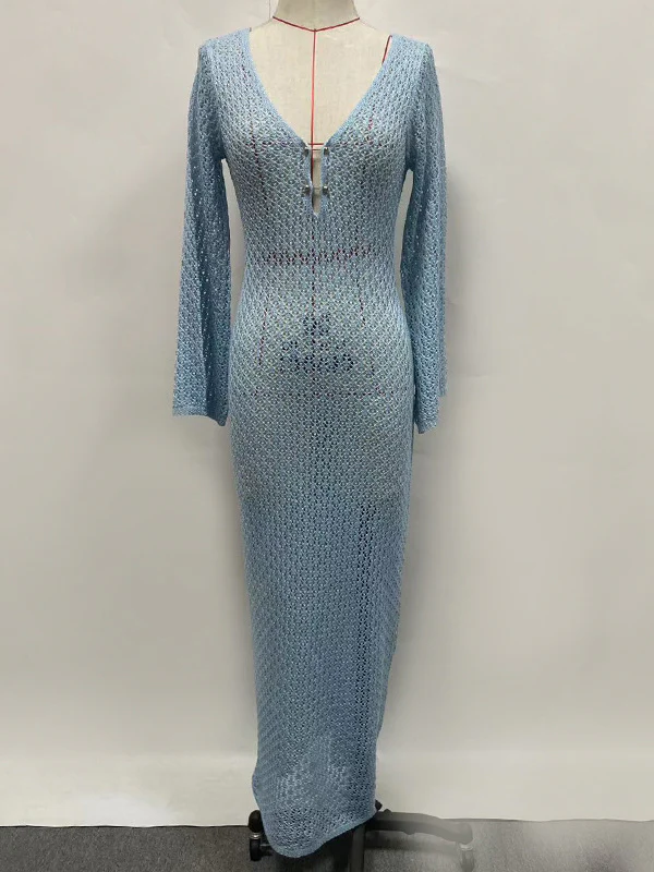 Hollow See-Through Smocked Solid Color Sun Protection Deep V-Neck Beach Cover-Up Maxi Dresses - Image 14