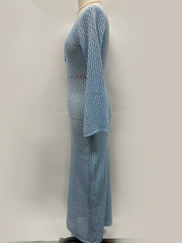 Hollow See-Through Smocked Solid Color Sun Protection Deep V-Neck Beach Cover-Up Maxi Dresses - Image 15