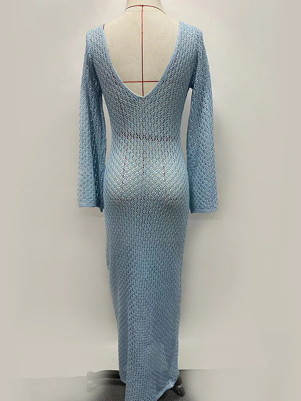 Hollow See-Through Smocked Solid Color Sun Protection Deep V-Neck Beach Cover-Up Maxi Dresses - Image 16