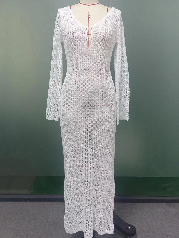 Hollow See-Through Smocked Solid Color Sun Protection Deep V-Neck Beach Cover-Up Maxi Dresses - Image 17
