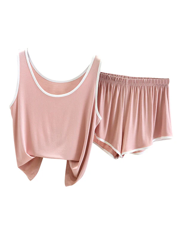 Home Wear Loose Sleeveless Contrast Color Round-Neck Vest&Shorts Pajamas Set - Image 11
