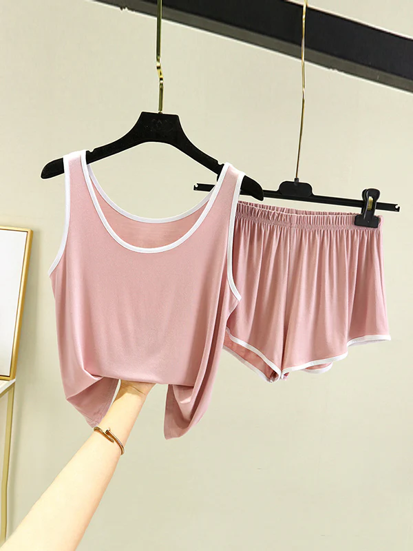 Home Wear Loose Sleeveless Contrast Color Round-Neck Vest&Shorts Pajamas Set - Image 2