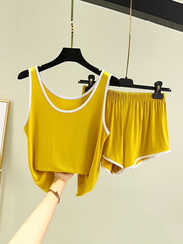 Home Wear Loose Sleeveless Contrast Color Round-Neck Vest&Shorts Pajamas Set - Image 3
