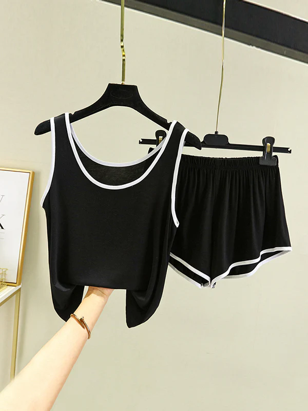 Home Wear Loose Sleeveless Contrast Color Round-Neck Vest&Shorts Pajamas Set - Image 4