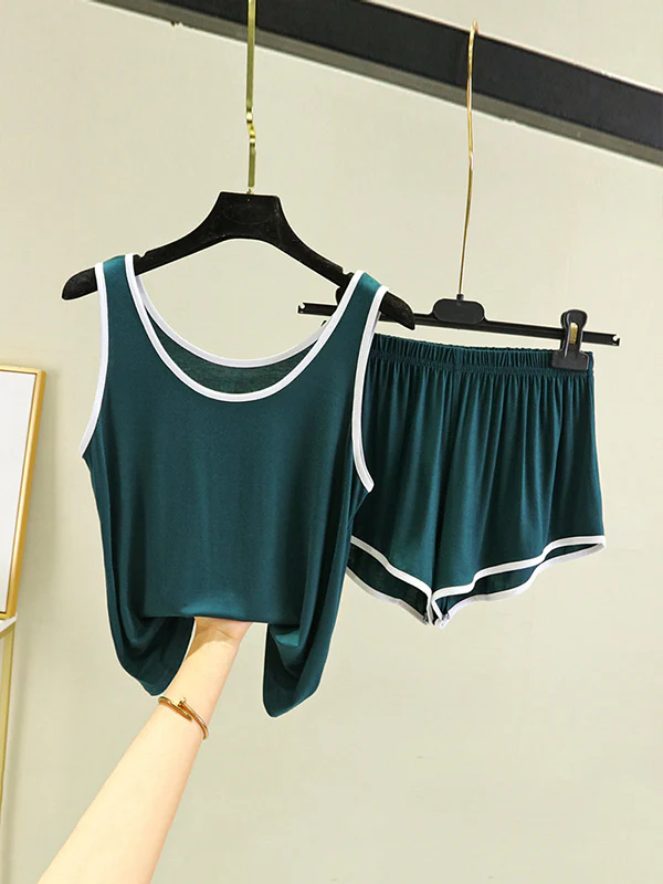 Home Wear Loose Sleeveless Contrast Color Round-Neck Vest&Shorts Pajamas Set - Image 5