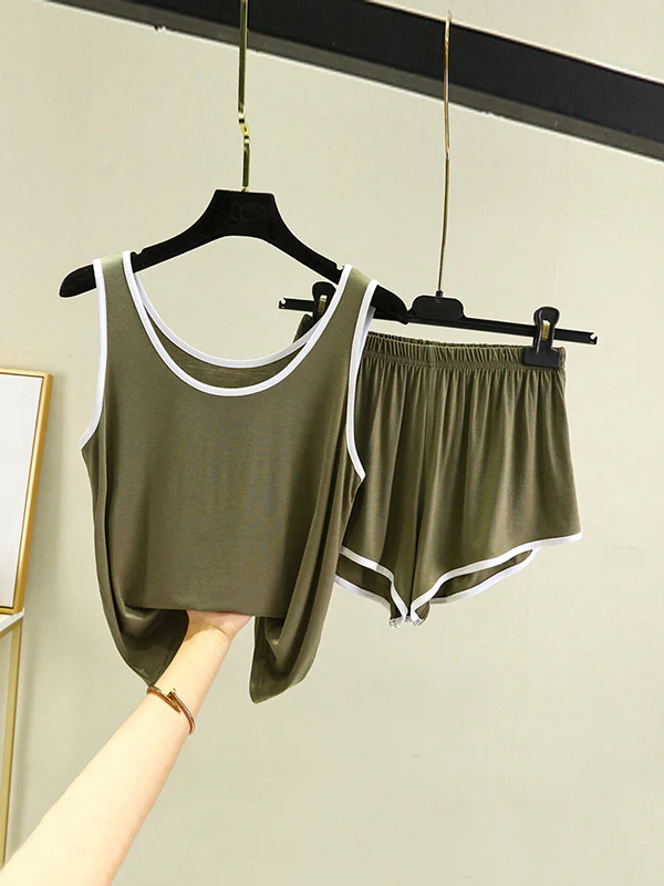 Home Wear Loose Sleeveless Contrast Color Round-Neck Vest&Shorts Pajamas Set - Image 6