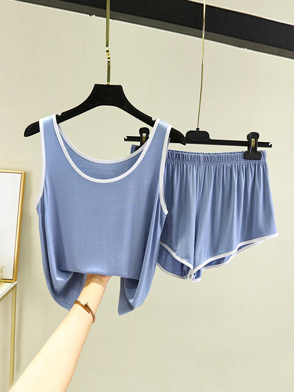 Home Wear Loose Sleeveless Contrast Color Round-Neck Vest&Shorts Pajamas Set - Image 7