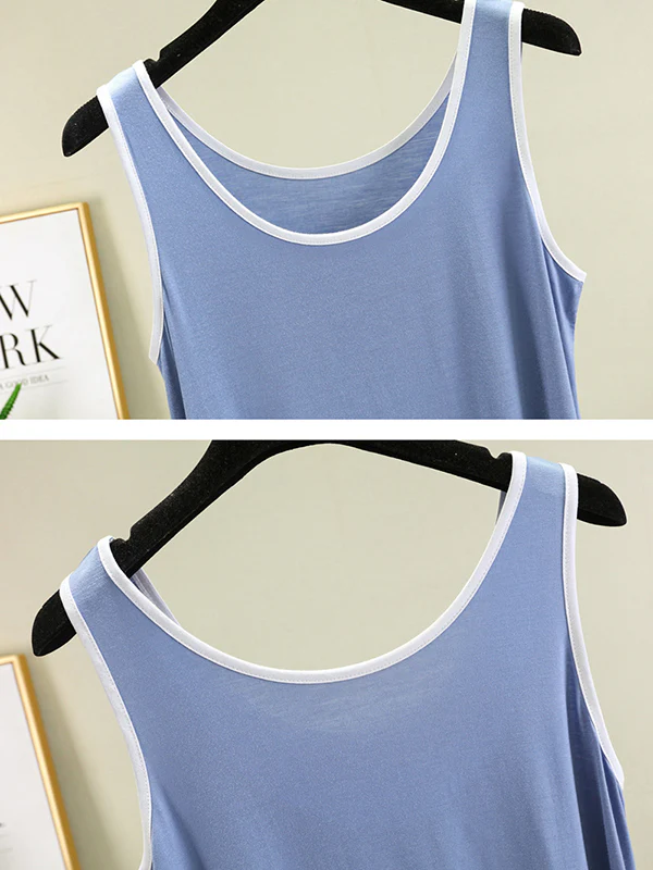 Home Wear Loose Sleeveless Contrast Color Round-Neck Vest&Shorts Pajamas Set - Image 8