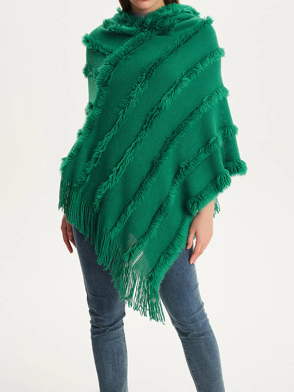 Hooded Keep Warm Solid Color Tasseled Cape Shawl&Cloak - Image 2