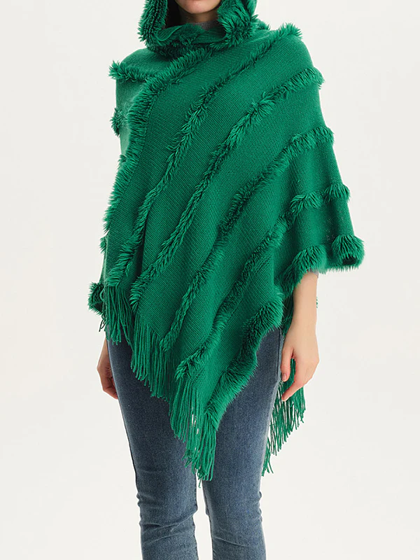 Hooded Keep Warm Solid Color Tasseled Cape Shawl&Cloak - Image 3