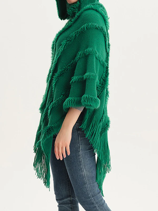 Hooded Keep Warm Solid Color Tasseled Cape Shawl&Cloak - Image 7