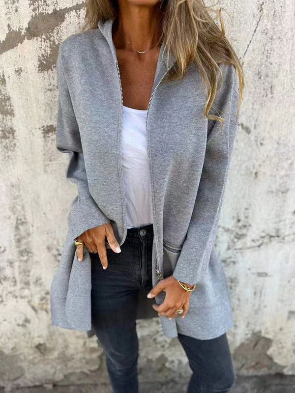 Hooded Long Sleeves Pockets Solid Color Split-Joint Zipper Outerwear - Image 2