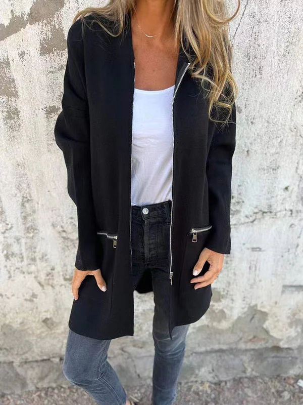 Hooded Long Sleeves Pockets Solid Color Split-Joint Zipper Outerwear - Image 3