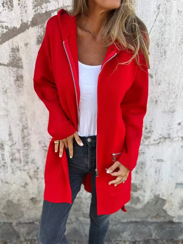 Hooded Long Sleeves Pockets Solid Color Split-Joint Zipper Outerwear - Image 4