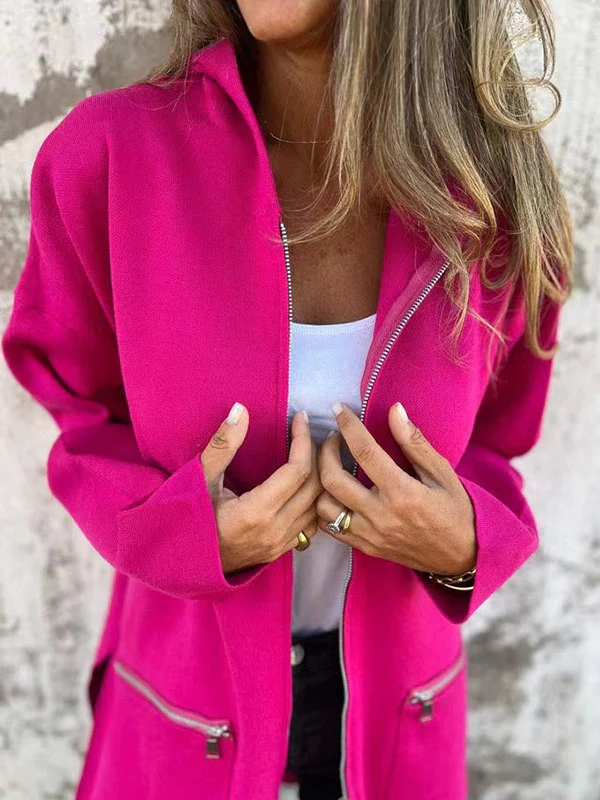 Hooded Long Sleeves Pockets Solid Color Split-Joint Zipper Outerwear - Image 6