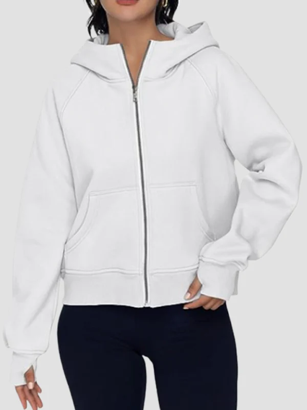 Hooded Long Sleeves Pockets Solid Color Zipper Jackets Outerwear