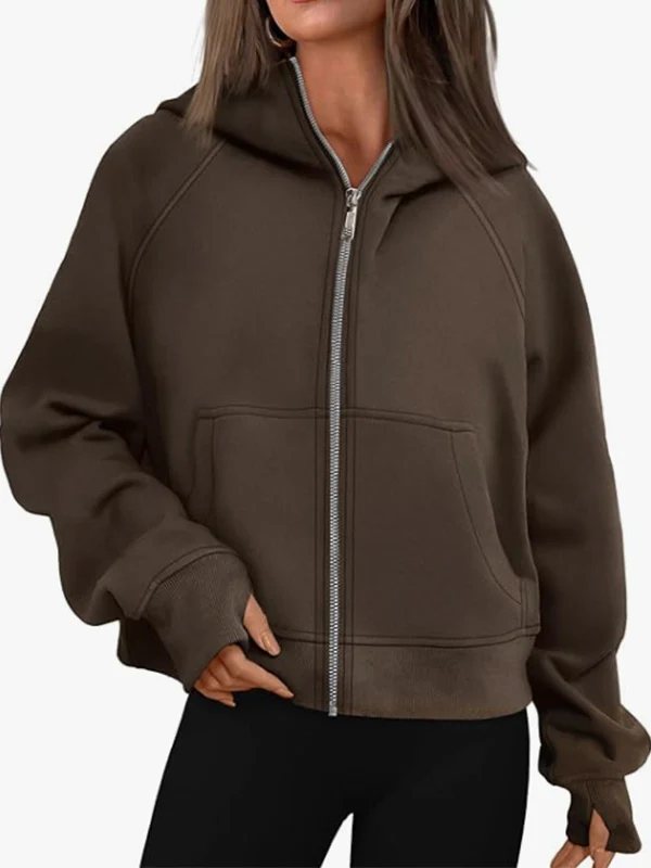 Hooded Long Sleeves Pockets Solid Color Zipper Jackets Outerwear - Image 10
