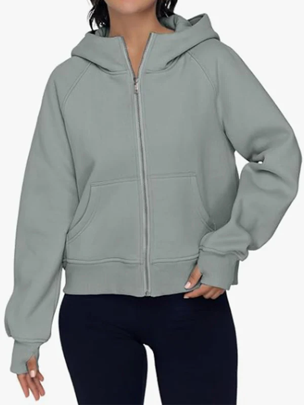 Hooded Long Sleeves Pockets Solid Color Zipper Jackets Outerwear - Image 11