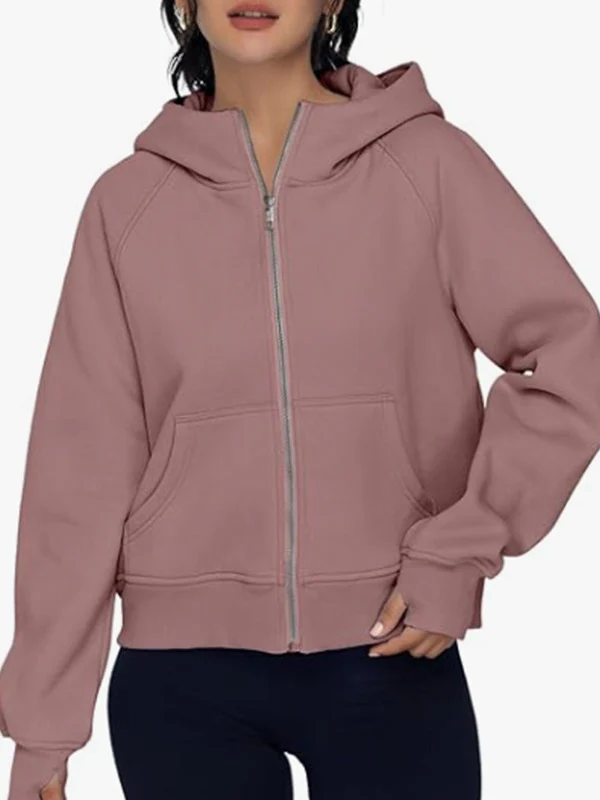 Hooded Long Sleeves Pockets Solid Color Zipper Jackets Outerwear - Image 12