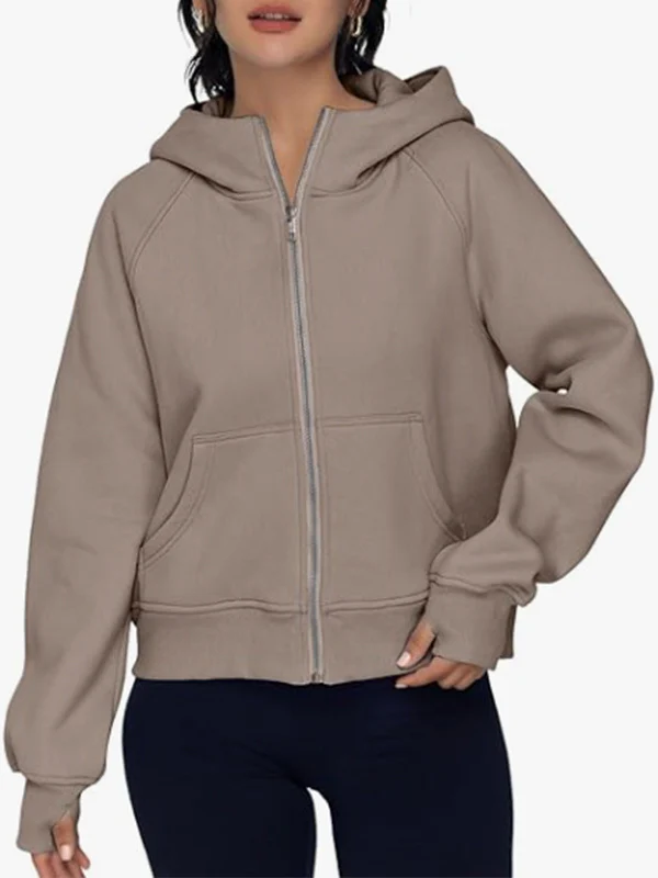 Hooded Long Sleeves Pockets Solid Color Zipper Jackets Outerwear - Image 13