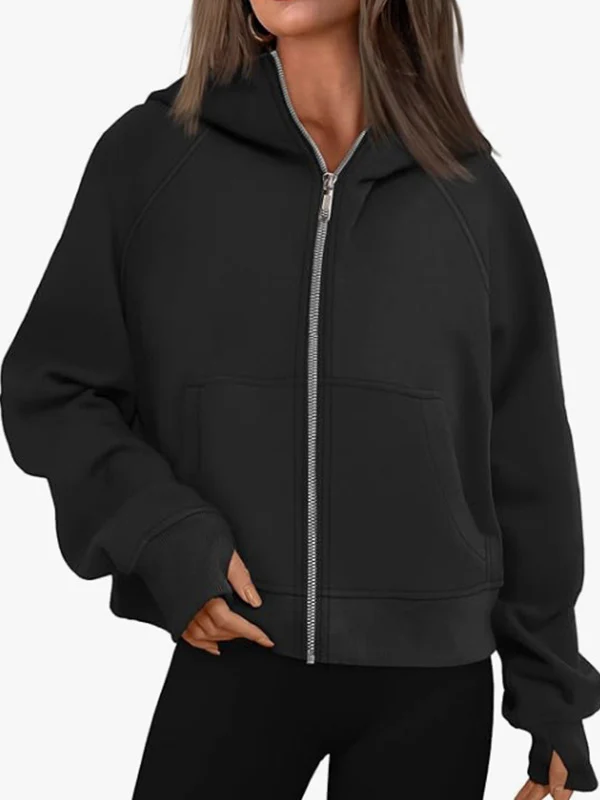 Hooded Long Sleeves Pockets Solid Color Zipper Jackets Outerwear - Image 14