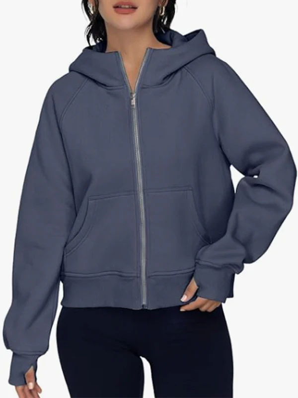 Hooded Long Sleeves Pockets Solid Color Zipper Jackets Outerwear - Image 15