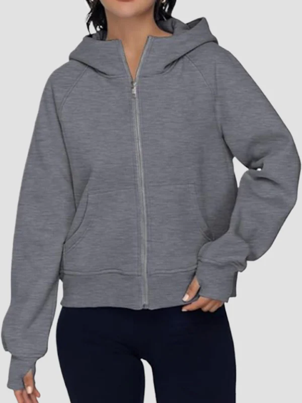 Hooded Long Sleeves Pockets Solid Color Zipper Jackets Outerwear - Image 2