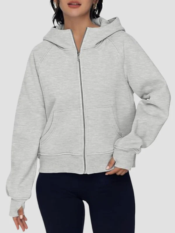 Hooded Long Sleeves Pockets Solid Color Zipper Jackets Outerwear - Image 3