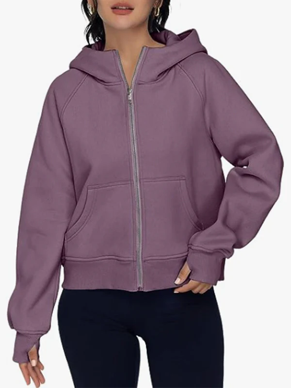 Hooded Long Sleeves Pockets Solid Color Zipper Jackets Outerwear - Image 4