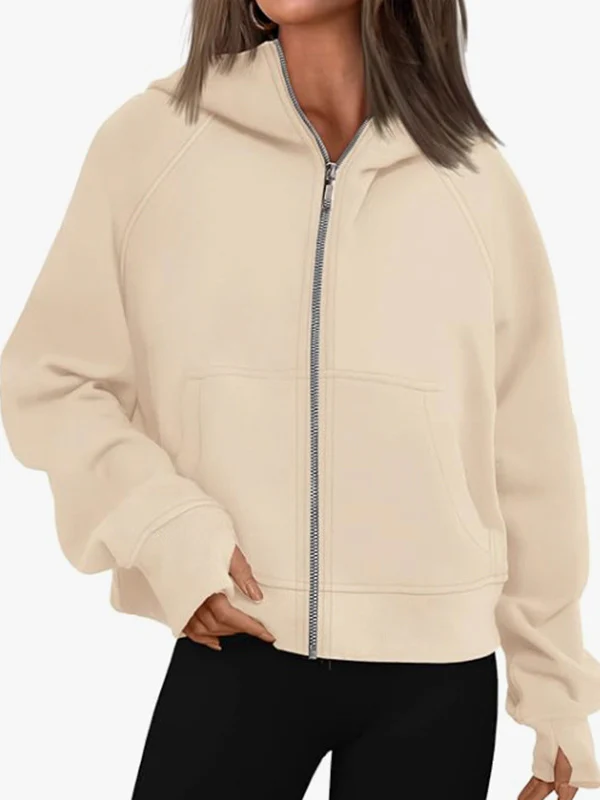 Hooded Long Sleeves Pockets Solid Color Zipper Jackets Outerwear - Image 5