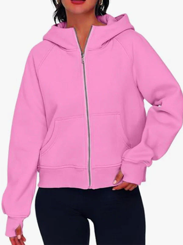 Hooded Long Sleeves Pockets Solid Color Zipper Jackets Outerwear - Image 6