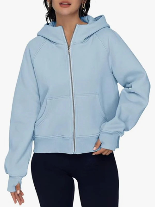 Hooded Long Sleeves Pockets Solid Color Zipper Jackets Outerwear - Image 7