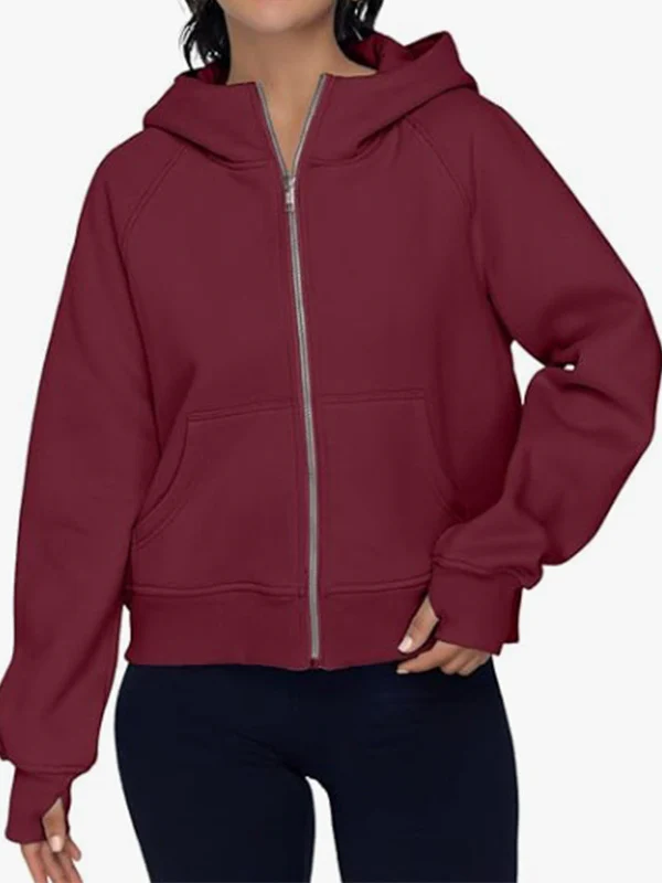 Hooded Long Sleeves Pockets Solid Color Zipper Jackets Outerwear - Image 8