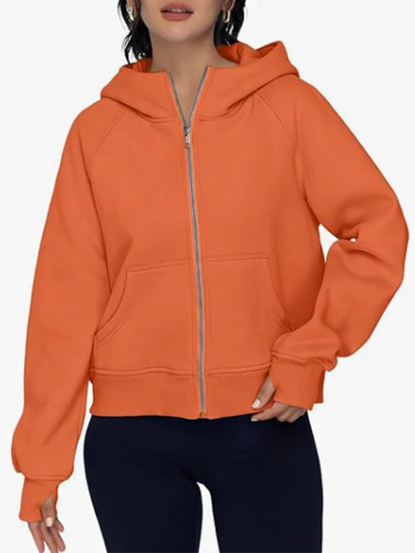 Hooded Long Sleeves Pockets Solid Color Zipper Jackets Outerwear - Image 9
