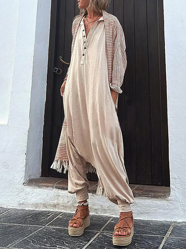 Hooded Loose Buttoned Solid Color V-neck Jumpsuits - Image 2