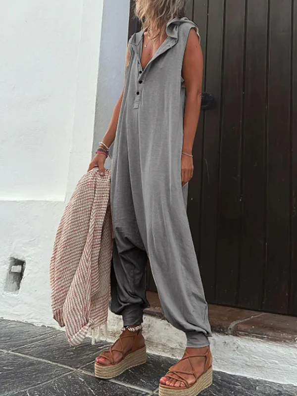 Hooded Loose Buttoned Solid Color V-neck Jumpsuits - Image 5