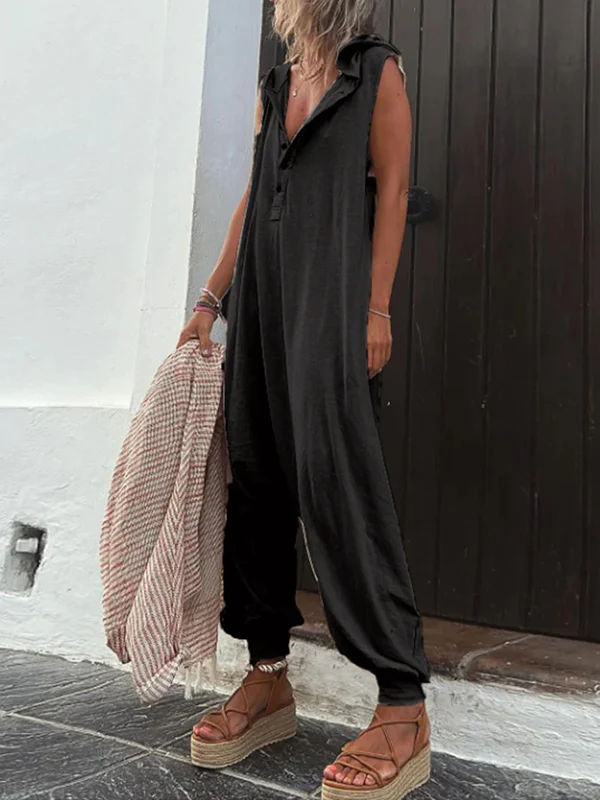 Hooded Loose Buttoned Solid Color V-neck Jumpsuits - Image 6