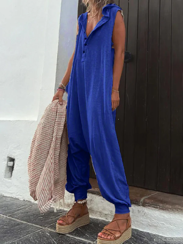 Hooded Loose Buttoned Solid Color V-neck Jumpsuits - Image 7