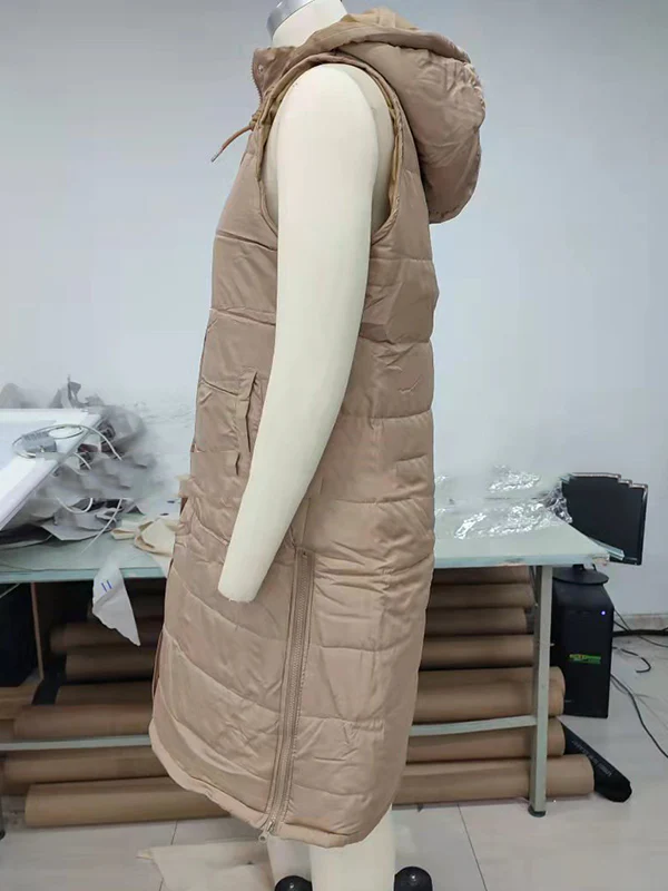 Hooded Sleeveless Buttoned Drawstring Keep Warm Solid Color Split-Joint Zipper Padded Coat Vest Outerwear - Image 10